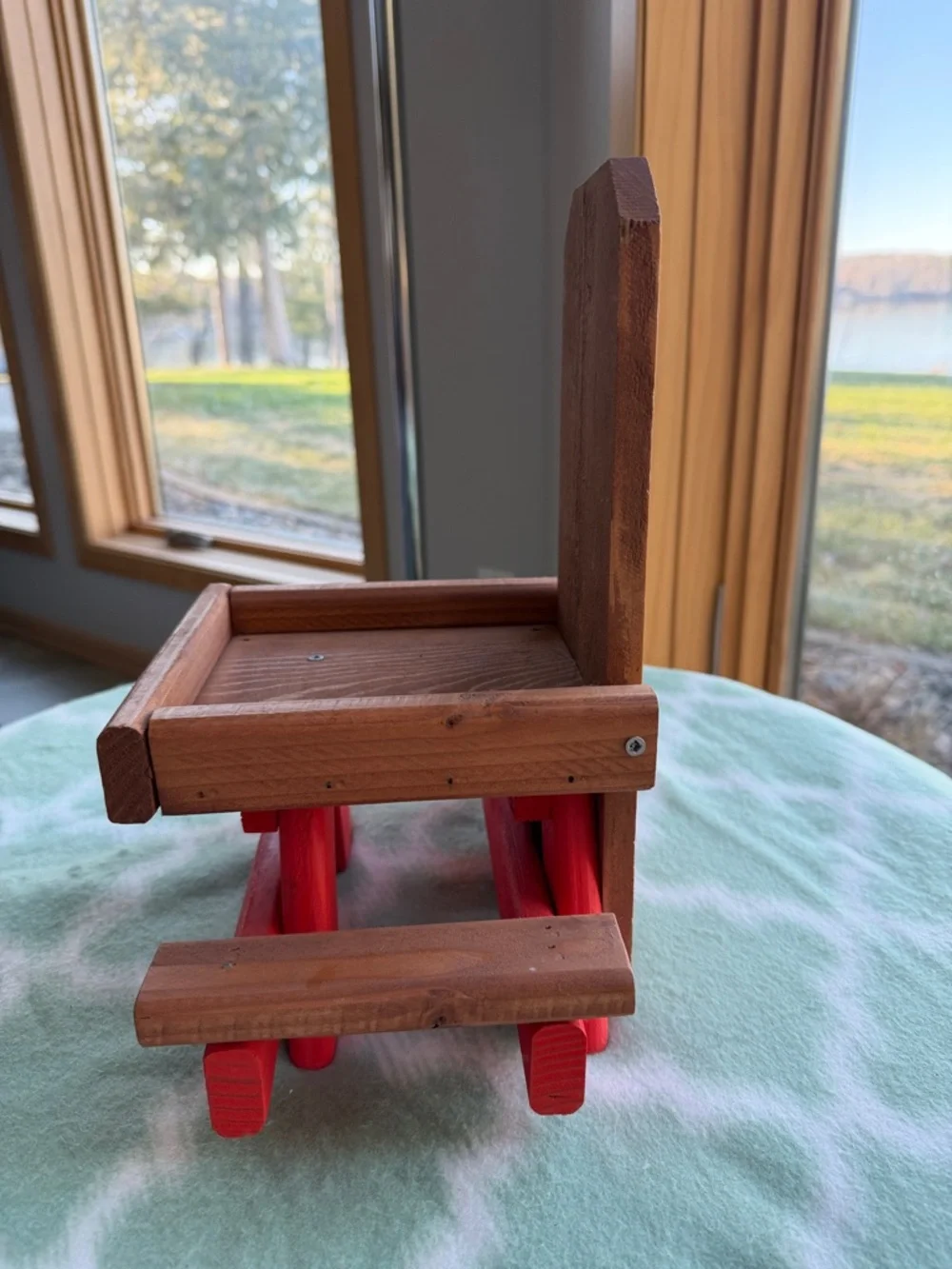 NEW bird feeder handmade wooden picnic bench style- Natural Brown & Orange Red